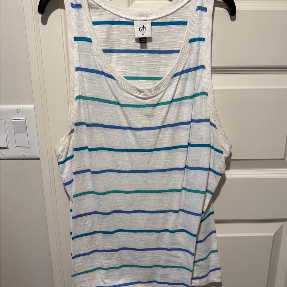 CAbi Queue White Tank Top with Blue and Green Stripes